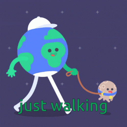 A Cartoon Of Earth Walking A Dog With The Words Just Walking Below GIF