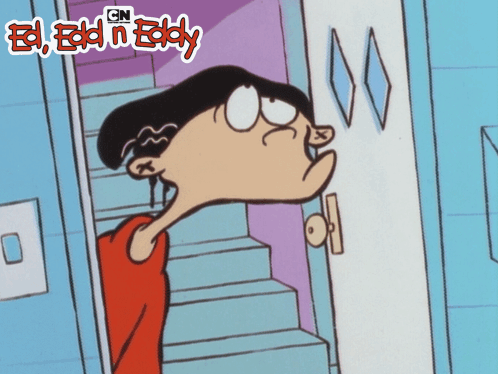 A Cartoon Of Ed Edd N Eddy Standing In Front Of A Blue Door GIF