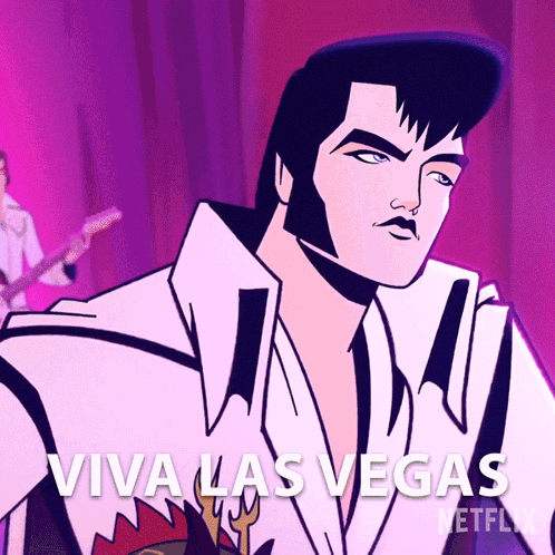 A Cartoon Of Elvis Presley And The Words Viva Las Vegas GIF