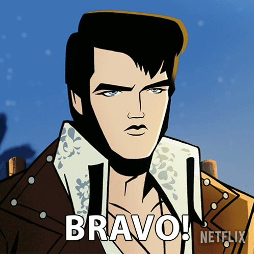A Cartoon Of Elvis Presley Says Bravo On The Bottom Right GIF