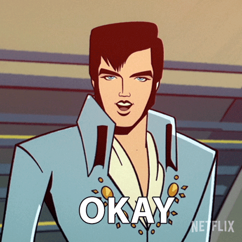 A Cartoon Of Elvis Presley Says " Okay " In Front Of Him GIF