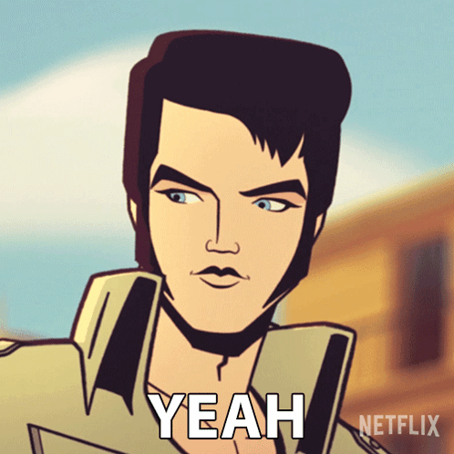 A Cartoon Of Elvis Presley Says Yeah On The Bottom GIF