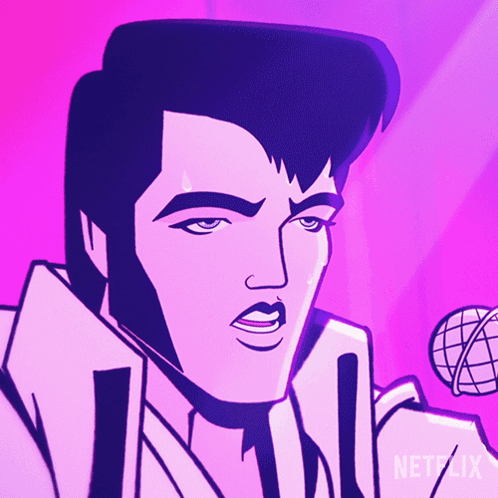 A Cartoon Of Elvis Presley Singing Into A Microphone With Netflix In The Corner GIF