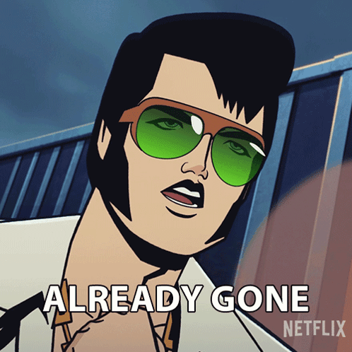 Elvis Presley Cartoon In Green Sunglasses Says Already Gone GIF