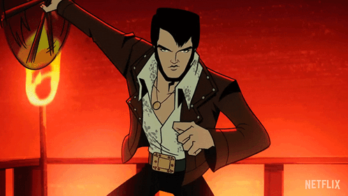 A Cartoon Of Elvis Presley With A Netflix Logo In The Background GIF