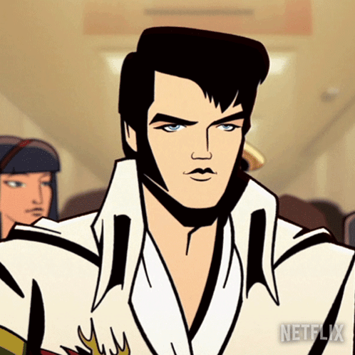 A Cartoon Of Elvis Presley With A Netflix Logo In The Corner GIF