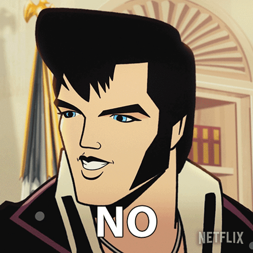 A Cartoon Of Elvis Presley With The Word No Written On His Face GIF