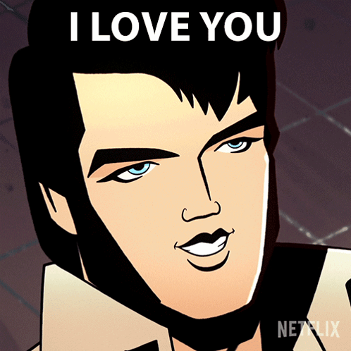 A Cartoon Of Elvis Presley With The Words " I Love You " Above Him GIF