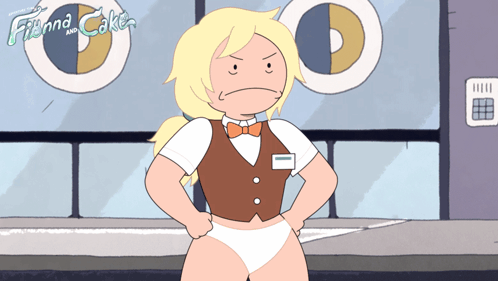 Cartoon Girl In Vest And Bow Tie Shows Finna And Cake GIF