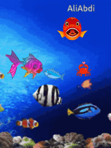 A Cartoon Of Fish And A Crab With The Name Aliabdi On The Bottom GIF