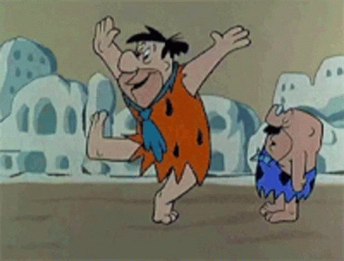 A Cartoon Of Flintstone And A Caveman Dancing Together GIF