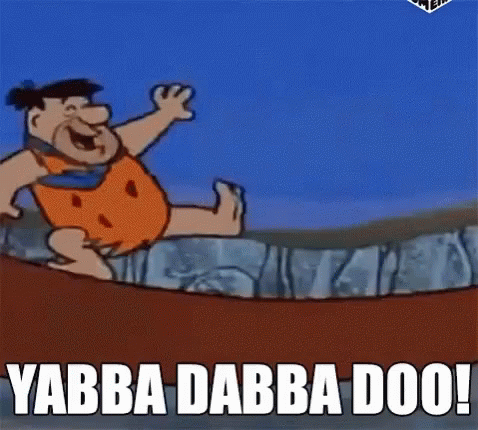 A Cartoon Of Flintstone Jumping Over A Rock With The Words Yabba Dabba Doo Written Below Him . GIF