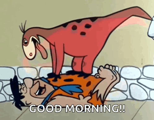 A Cartoon Of Flintstone Laying On The Ground With A Dinosaur Standing On Top Of Him GIF