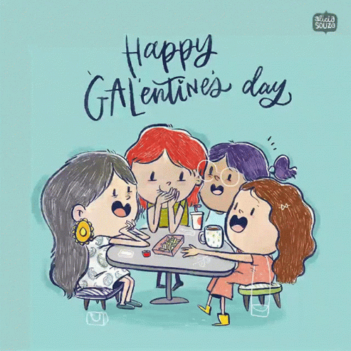 A Cartoon Of Four Girls Sitting At A Table With The Words Happy Valentine 'S Day On The Bottom GIF