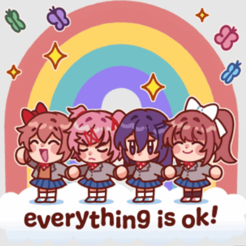 a cartoon of four girls standing in front of a rainbow with the words everything is ok