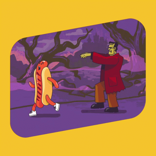 A Cartoon Of Frankenstein And A Hot Dog On A Yellow And Purple Background GIF