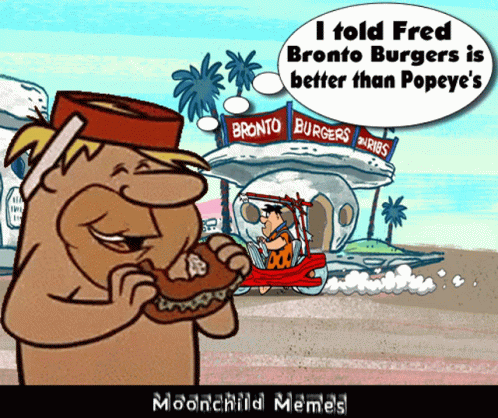 A Cartoon Of Fred Flintstone Eating A Hamburger In Front Of A Bronto Burgers Sign GIF