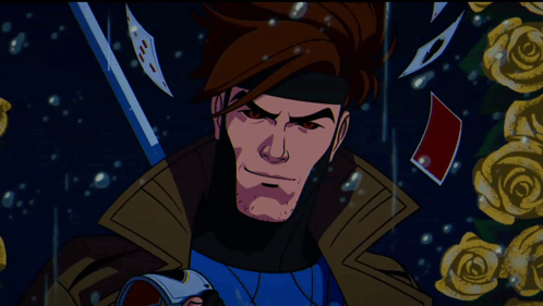 A Cartoon Of Gambit Holding A Sword And Playing Cards In The Background GIF