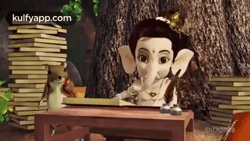 a cartoon of ganesha sitting at a table with a stack of books and a frog .