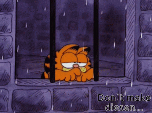 A Cartoon Of Garfield Behind Bars With The Words " Don T Make Diesen " GIF