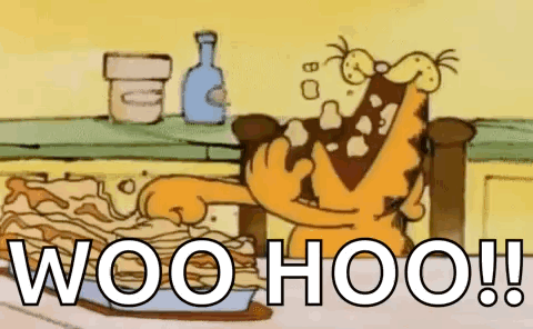 A Cartoon Of Garfield Eating A Stack Of Pancakes With The Words `` Woo Hoo ! '' GIF