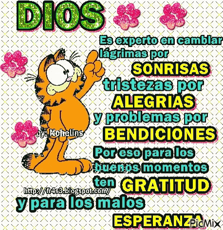 A Cartoon Of Garfield Giving A Thumbs Up With A Message In Spanish GIF