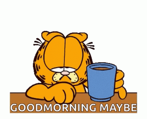 A Cartoon Of Garfield Holding A Cup Of Coffee With The Words " Good Morning Maybe " Below It GIF