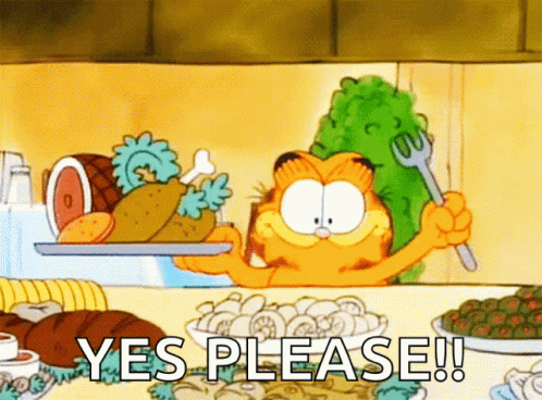 A Cartoon Of Garfield Holding A Fork And A Tray Of Food With The Words Yes Please Below Him GIF