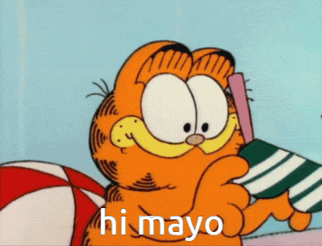 A Cartoon Of Garfield Holding An Umbrella With The Words Hi Mayo On The Bottom GIF