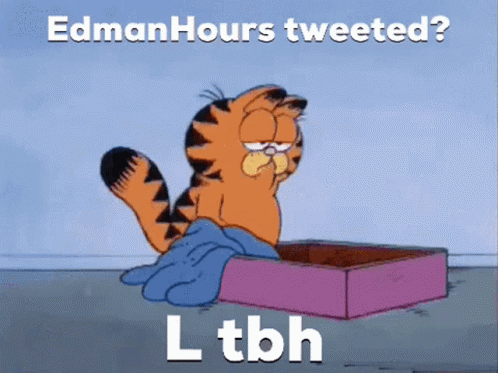 A Cartoon Of Garfield Laying In A Box With The Caption Edman Hours Tweeted GIF
