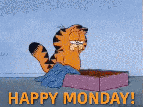 A Cartoon Of Garfield Laying On A Box With The Words Happy Monday Written Below Him . GIF