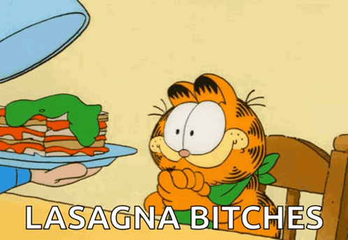 A Cartoon Of Garfield Looking At A Plate Of Lasagna With The Caption Lasagna Bitches GIF