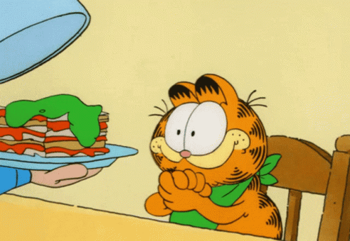 A Cartoon Of Garfield Looking At A Stack Of Sandwiches GIF