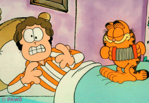 A Cartoon Of Garfield Playing An Accordion Next To A Man In Bed GIF
