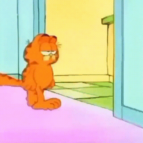 A Cartoon Of Garfield Standing In Front Of A Door With His Mouth Open GIF