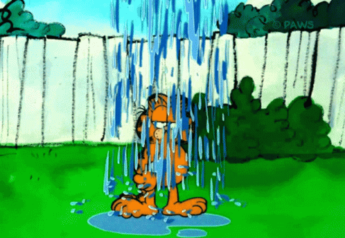 A Cartoon Of Garfield Standing In The Rain With Paws Written On The Bottom Right GIF