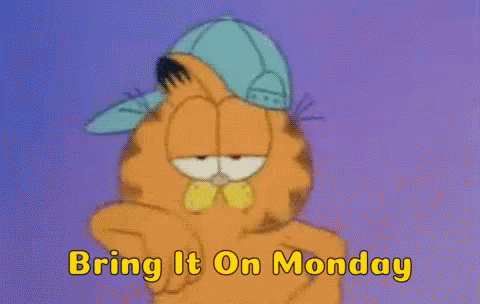 A Cartoon Of Garfield Wearing A Blue Hat And The Words Bring It On Monday GIF