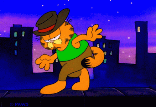 A Cartoon Of Garfield Wearing A Cowboy Hat And Green Shirt GIF