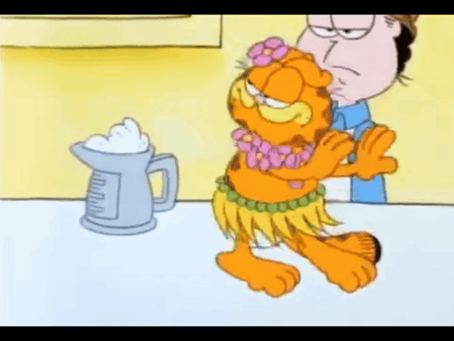 A Cartoon Of Garfield Wearing A Hula Skirt GIF
