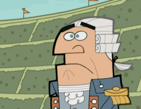 A Cartoon Of George Washington Standing In A Stadium With Flags In The Background GIF