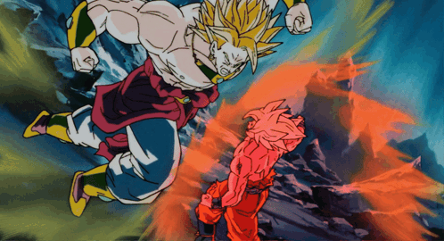 A Cartoon Of Goku And Broly Fighting Each Other With A Blue Background GIF