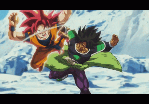 A Cartoon Of Goku And Broly Fighting With A Mountain In The Background GIF