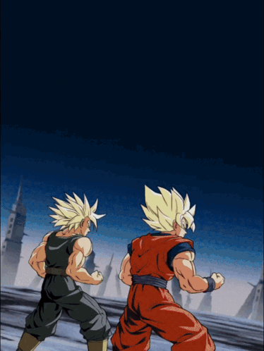 A Cartoon Of Goku And Trunks Fighting Each Other GIF