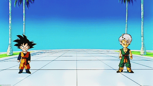 A Cartoon Of Goku And Trunks Standing Next To Each Other In Front Of Palm Trees GIF