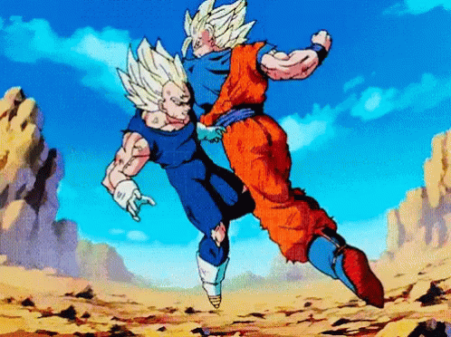 A Cartoon Of Goku And Vegeta Fighting Each Other In The Air GIF