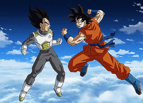 A Cartoon Of Goku And Vegeta Fighting Each Other In The Sky GIF