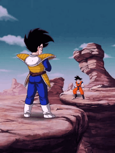 A Cartoon Of Goku And Vegeta Standing Next To Each Other On A Cliff GIF