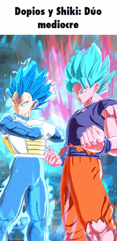 A Cartoon Of Goku And Vegeta Standing Next To Each Other With The Caption " Dopios Y Shiki : Duo Mediocre " GIF