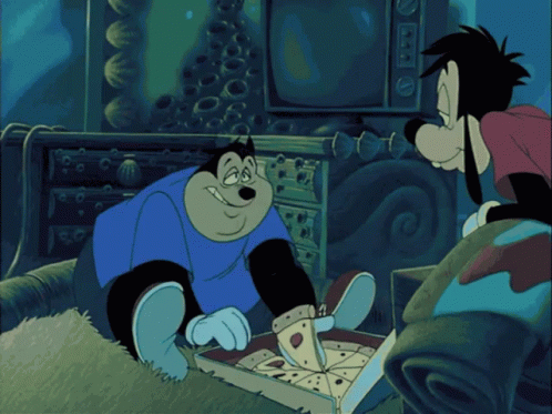 A Cartoon Of Goofy And Peter Pan Eating A Pizza GIF