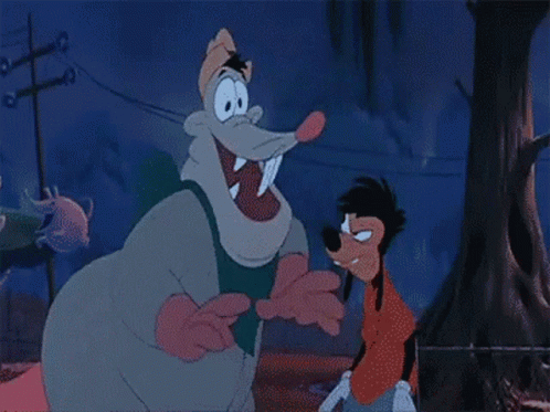 A Cartoon Of Goofy Standing Next To A Giant Rat GIF